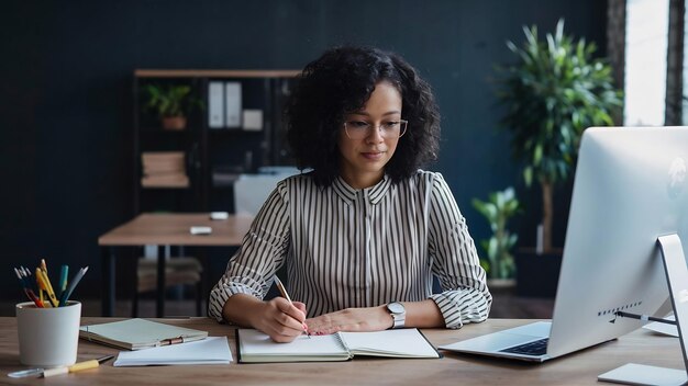 Mulher de negócios irreconhecível a trabalhar no escritório e a escrever planos de negócios no seu caderno.