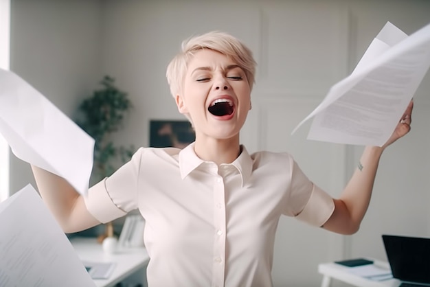 Mulher de negócios irritada gritando enquanto joga documentos no ar no escritório Generative AI