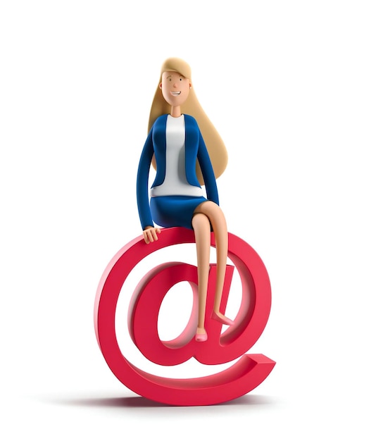 Mulher de negócios jovem com sinal de correio em uma ilustração 3d de fundo branco