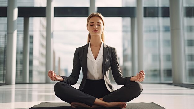 Mulher de negócios jovem está meditando para aliviar o estresse da vida corporativa ocupada