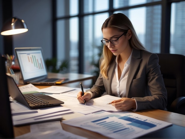 Mulher de negócios jovem, ocupada, gerente, advogada ou empregada da empresa com contabilidade