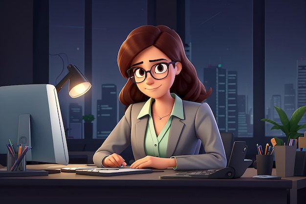 Mulher de negócios jovem trabalhando no escritório à noite ilustração de desenho animado vetorial de personagem feminina ocupada usando óculos e terno digitando em funcionário da empresa de computador desktop trabalhando horas extras