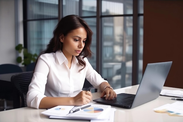 Mulher de negócios jovem trabalhando no escritório usando um laptop