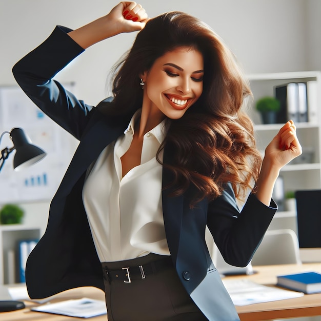 Foto mulher de negócios latina de sucesso dança em vestido de escritório celebrando feliz no trabalho