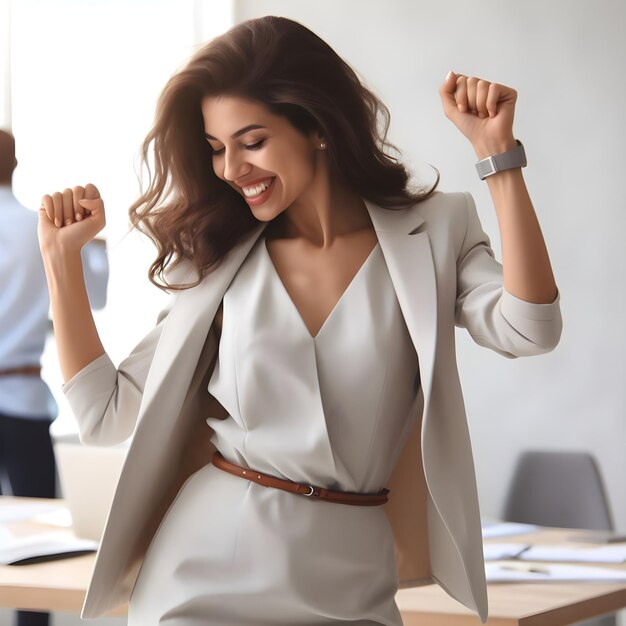 Foto mulher de negócios latina de sucesso dança em vestido de escritório celebrando feliz no trabalho