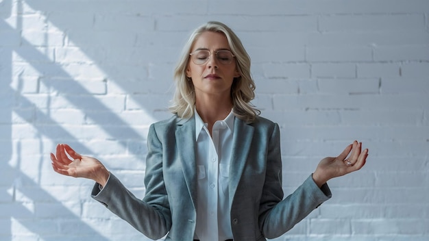 Mulher de negócios loira calma com óculos meditando em estúdio com os olhos fechados sobre a parede branca