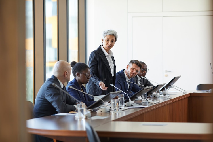 Mulher de negócios madura falando durante uma conferência de negócios na sala da diretoria