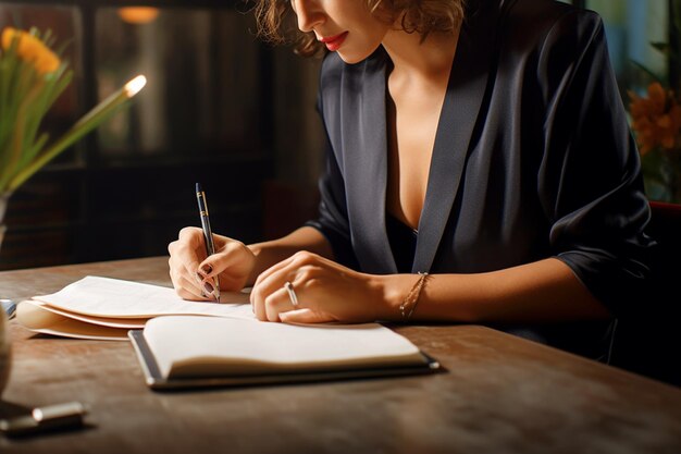 mulher de negócios na mesa escrevendo um caderno com caneta