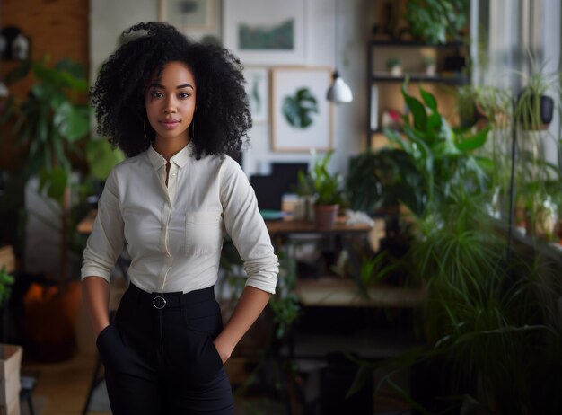 Foto mulher de negócios negra confiante com cabelos encaracolados e uma camisa branca mãos nas ancas em um escritório vibrante cercado por plantas exuberantes