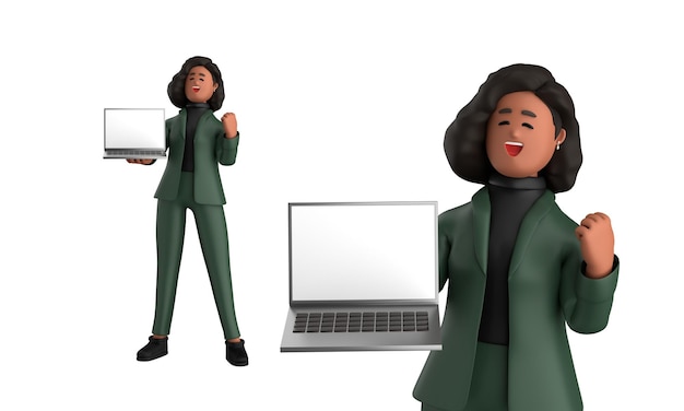 Mulher de negócios negra em 3D em posição executiva de pé com laptop, tablet e telefone móvel isolado