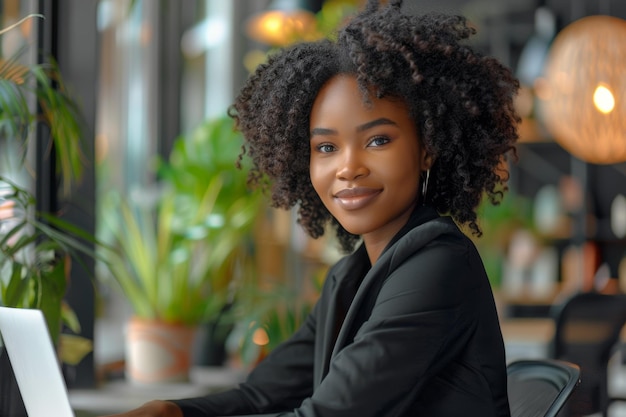 mulher de negócios negra sorrindo e inclinada sobre a mesa do escritório enquanto olha para a câmera em um escritório moderno e brilhante conceito de mulher de negócios