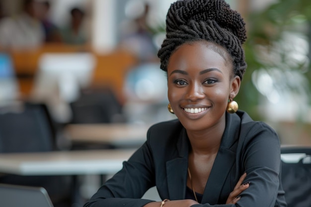 mulher de negócios negra sorrindo e inclinada sobre a mesa do escritório enquanto olha para a câmera em um escritório moderno e brilhante conceito de mulher de negócios