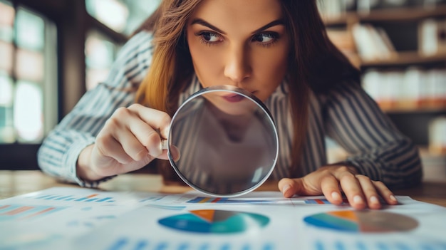 Foto mulher de negócios olhando através de uma lupa para um gráfico de estratégia de marketing visão de marketing