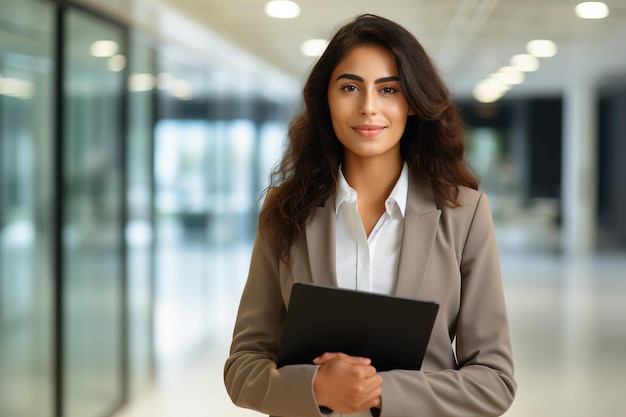 Mulher de negócios profissional jovem latina sorridente gerente de marketing corporativo trabalhadora segurando a guia fintech do computador tablet digital no trabalho em pé no escritório da empresa moderna olhando para a câmera