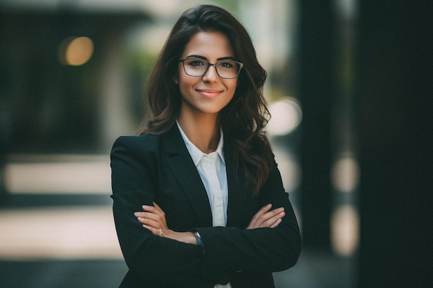 Mulher de negócios que está sorrindo e cruzando os braços