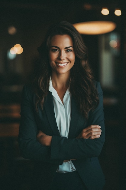 Foto mulher de negócios que está sorrindo e cruzando os braços