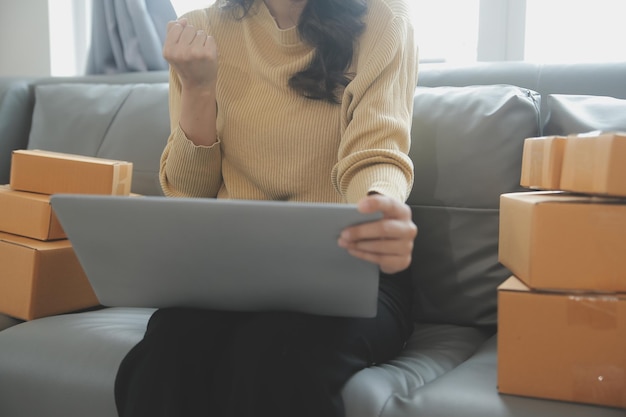 Mulher de negócios que inicia uma pequena empresa empresária PME sucesso mulher freelancer que trabalha em casa com entrega de encomendas online PME e entrega de embalagens conceito