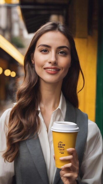 Mulher de negócios segurando café para levar em amarelo tendo alguma grande ideia conceito de criatividade