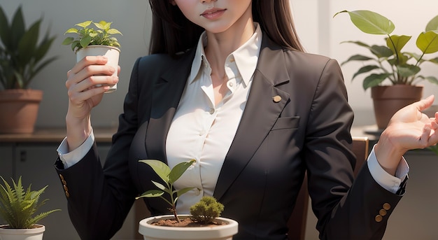 mulher de negócios segurando um broto de planta