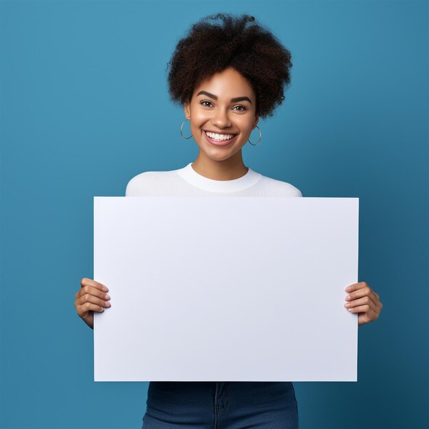 mulher de negócios segurando um quadro em branco isolado em fundo azul