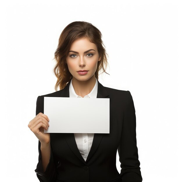 Foto mulher de negócios segurando um sinal em branco isolado em fundo branco