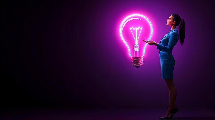 Mulher de negócios segurando uma lâmpada brilhante que simboliza novas ideias e inovação