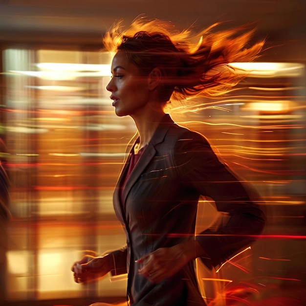 Foto mulher de negócios sobrecarregada de trabalho, estressada, a correr no escritório, longa exposição, movimento dinâmico com traços leves.