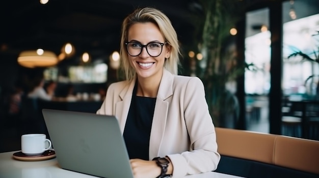 Mulher de negócios sorridente a trabalhar num portátil.