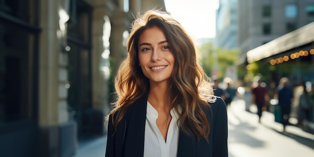 Mulher de negócios sorridente andando na rua da cidade