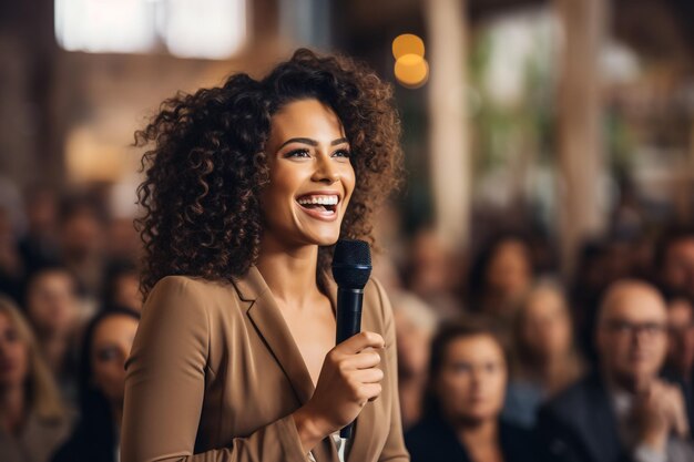 Foto mulher de negócios sorridente dando um discurso de pé na conferência elegantemente vestida