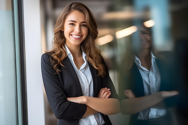 Mulher de negócios sorridente de pé em frente a uma parede de vidro com os braços cruzados AI generativa