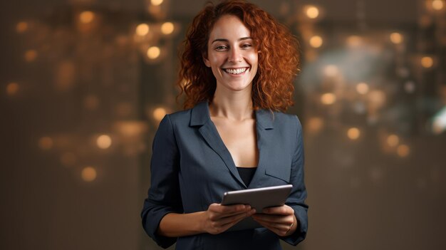 Mulher de negócios sorridente e confiante segurando um tablet digital