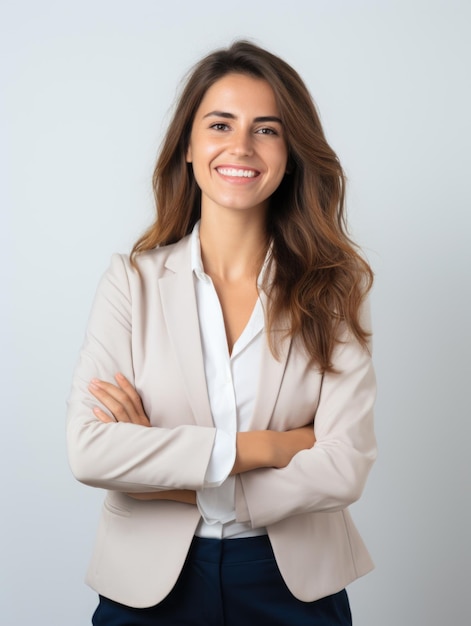 mulher de negócios sorridente para a equipe de uma visualização do site acima da cintura fundo branco