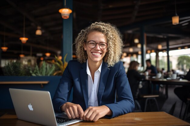 Foto mulher de negócios sorridente trabalhando em um laptop sentada em um café