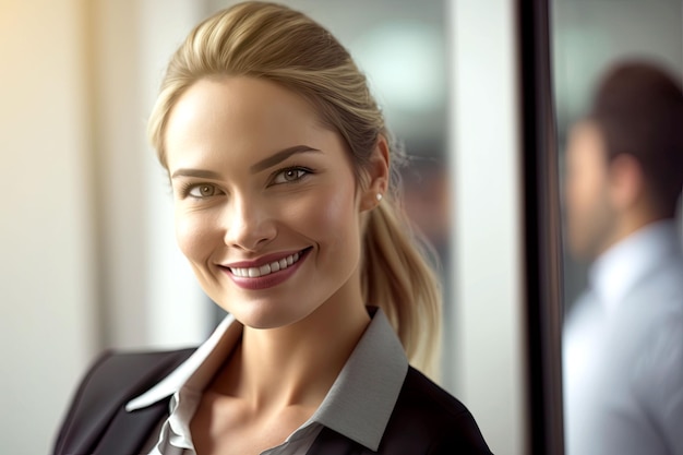 Mulher de negócios sorrindo com escritório turva no fundo e copie o espaço. IA generativa.