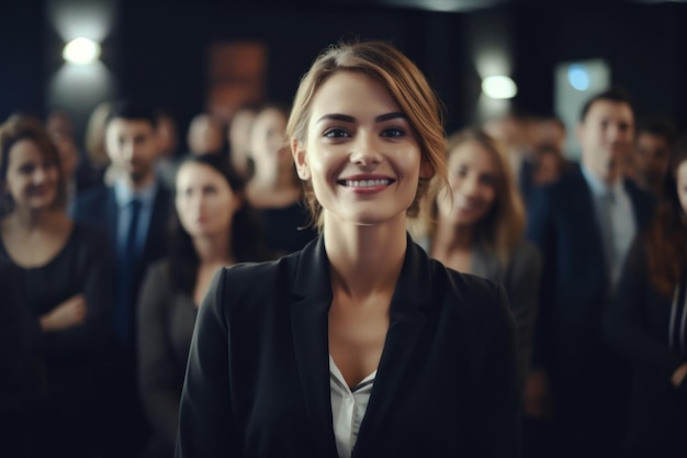 Mulher de negócios sorrindo para a câmera com colegas em um seminário