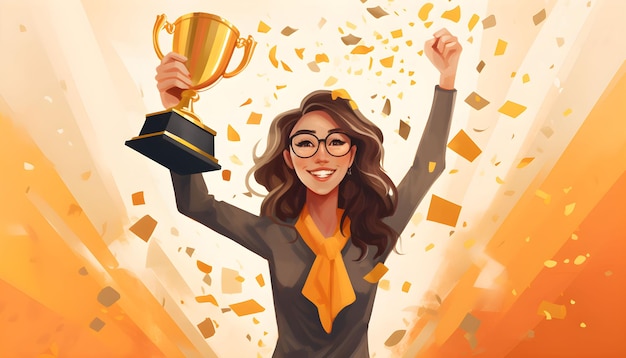 Mulher de negócios sucesso nos negócios troféu vencedor ilustração competição conceito de sucesso de liderança