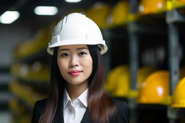 Mulher de negócios trabalho capacete retrato capataz sorriso asiático engenheiro industrial indústria Generative AI