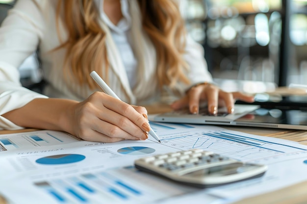 Foto mulher de negócios usando calculadora para finanças