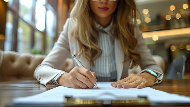 Mulher de negócios usando caneta assinando escrevendo no escritório