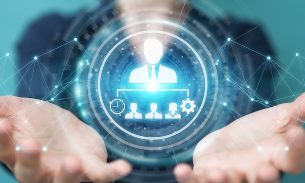 Mulher de negócios usando gráfico de liderança empresarial, renderização 3D