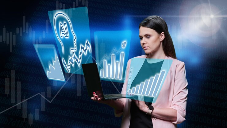 Foto mulher de negócios usando inteligência artificial de laptop na estratégia de investimento empresarial