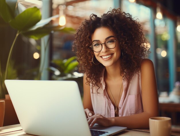 Mulher de negócios usando tablet e bebendo café em um café