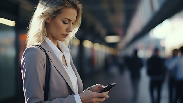 Mulher de negócios vestindo terno olhando smartphone por generativo Ai