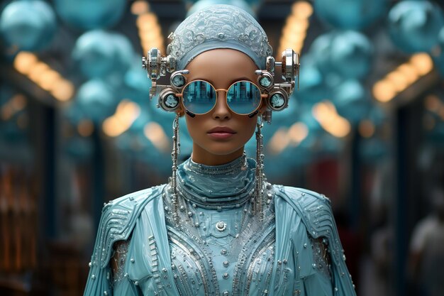 mulher de óculos de pé no fundo ornamentada cidade futurista no estilo de máquina