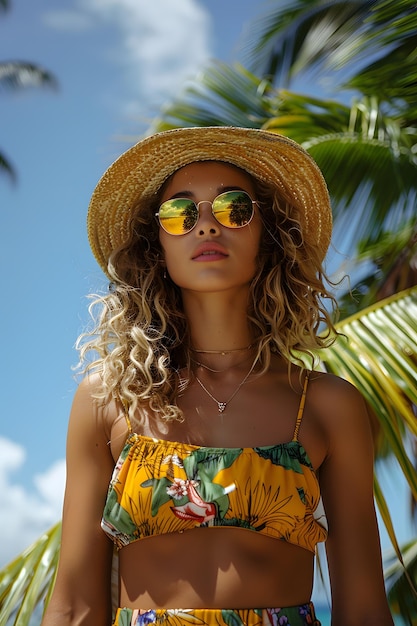 Mulher de óculos de sol e chapéu de palha desfrutando do dia ensolarado sob uma palmeira