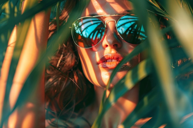 Mulher de óculos de sol olha através das folhas de palma Fonte da tendência de verão