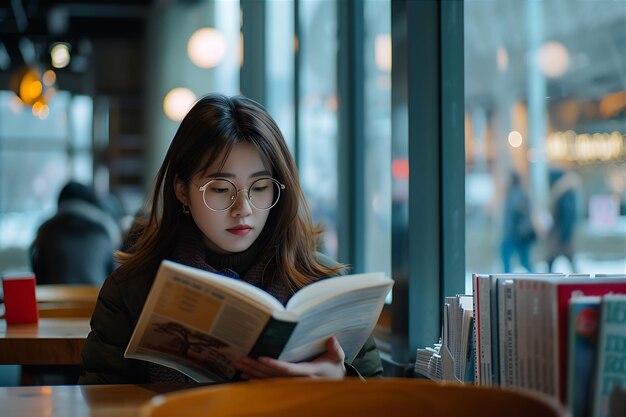 Mulher de óculos envolvida em livros