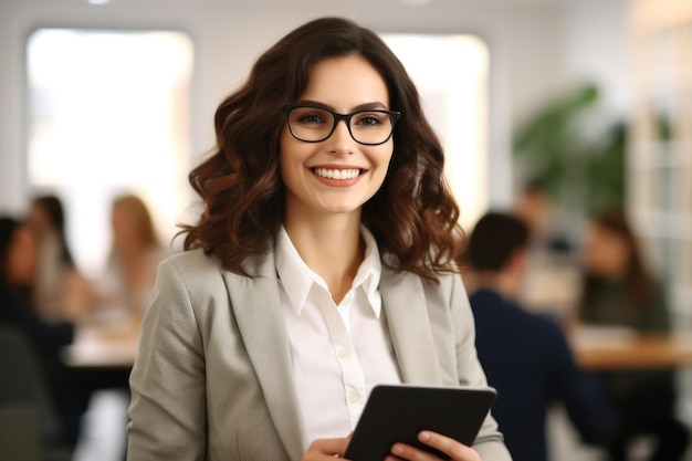 Mulher de óculos segurando um tablet Perfeito para artigos relacionados à tecnologia ou projetos de sites