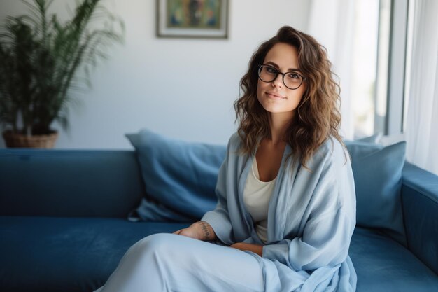 Mulher de óculos sentada em um sofá cinza em sua sala de estar